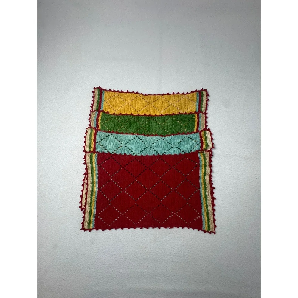 Vintage Cottagecore Handmade Crochet‎ Set 4 Placemats Diamond Pointelle Retro